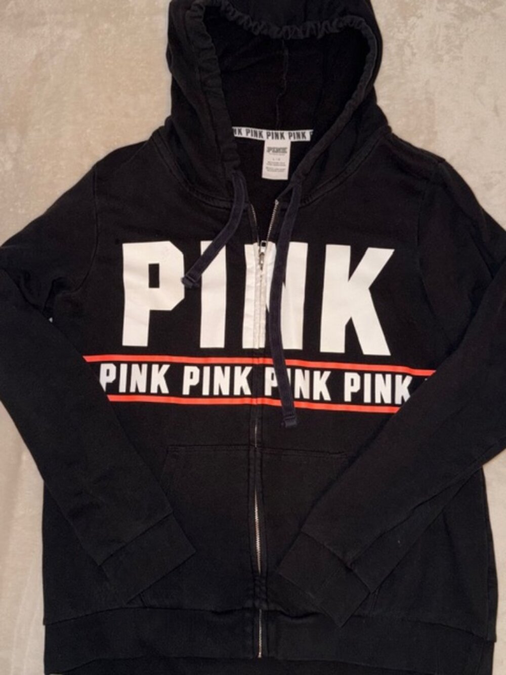 ✨PINK Victoria's Secret Zip-Up Hoodie in black, pink & white (size: LRG)✨